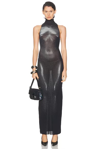 High Neck Body Dust Printed Dress Black & Silver