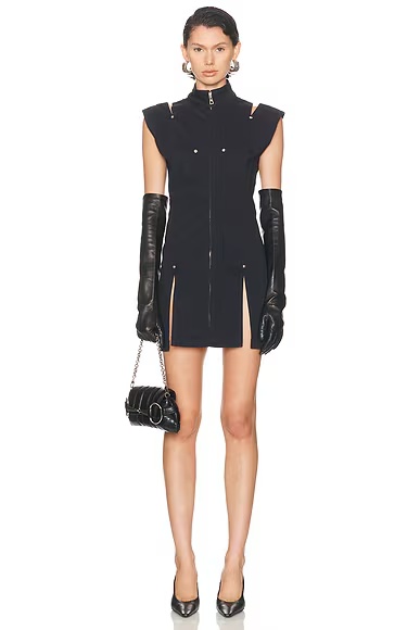 Overdyed Denim Slit And Mesh Short Dress Navy