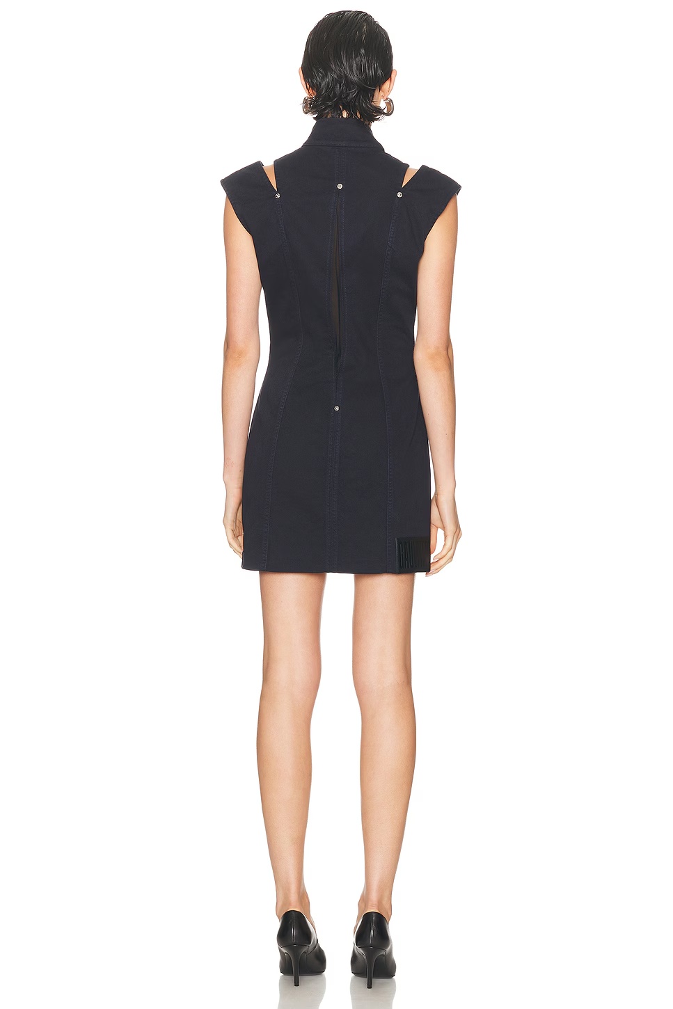 Overdyed Denim Slit And Mesh Short Dress Navy