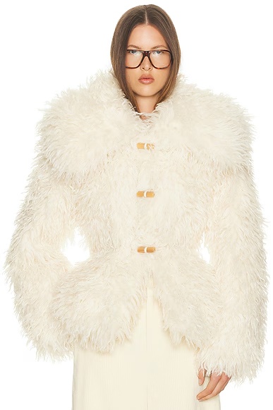 Dramatic Collar Faux Shearling Jacket Ivory