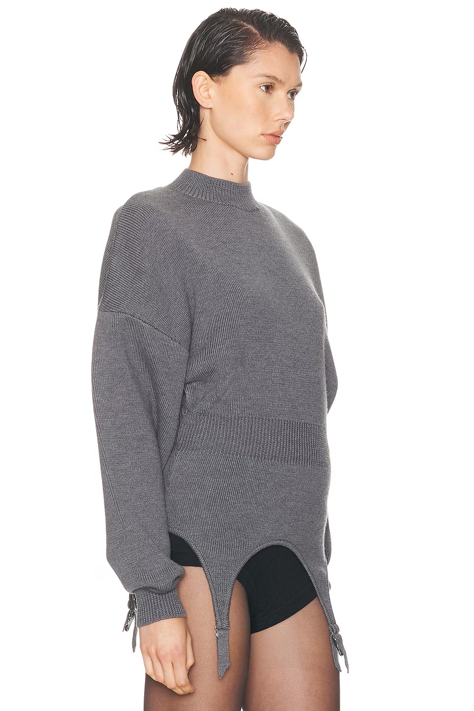 High Neck Bat Sleeves Lingerie Garter Pullover Sweater Middle Grey
