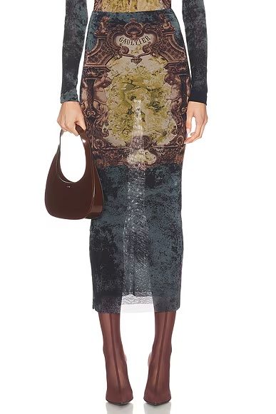 Medaillon Printed Long Skirt Black, Vintage Blue, & Green