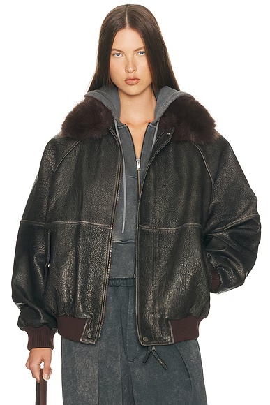 The Oversized Leather Bomber With Faux Fur Collar Black