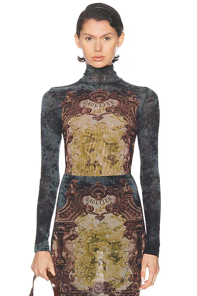 Medaillon Printed Open Back Bodysuit Black, Vintage Blue, & Green