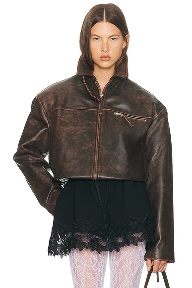 The Leather Oversized Moto Jacket Brown Distressed
