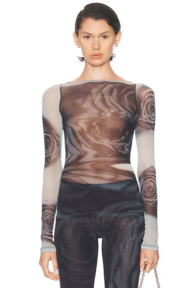 Boat Neck Blurry Roses Printed Long Sleeve Top White, Grey, & Black