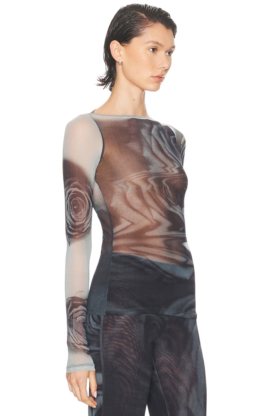 Boat Neck Blurry Roses Printed Long Sleeve Top White, Grey, & Black
