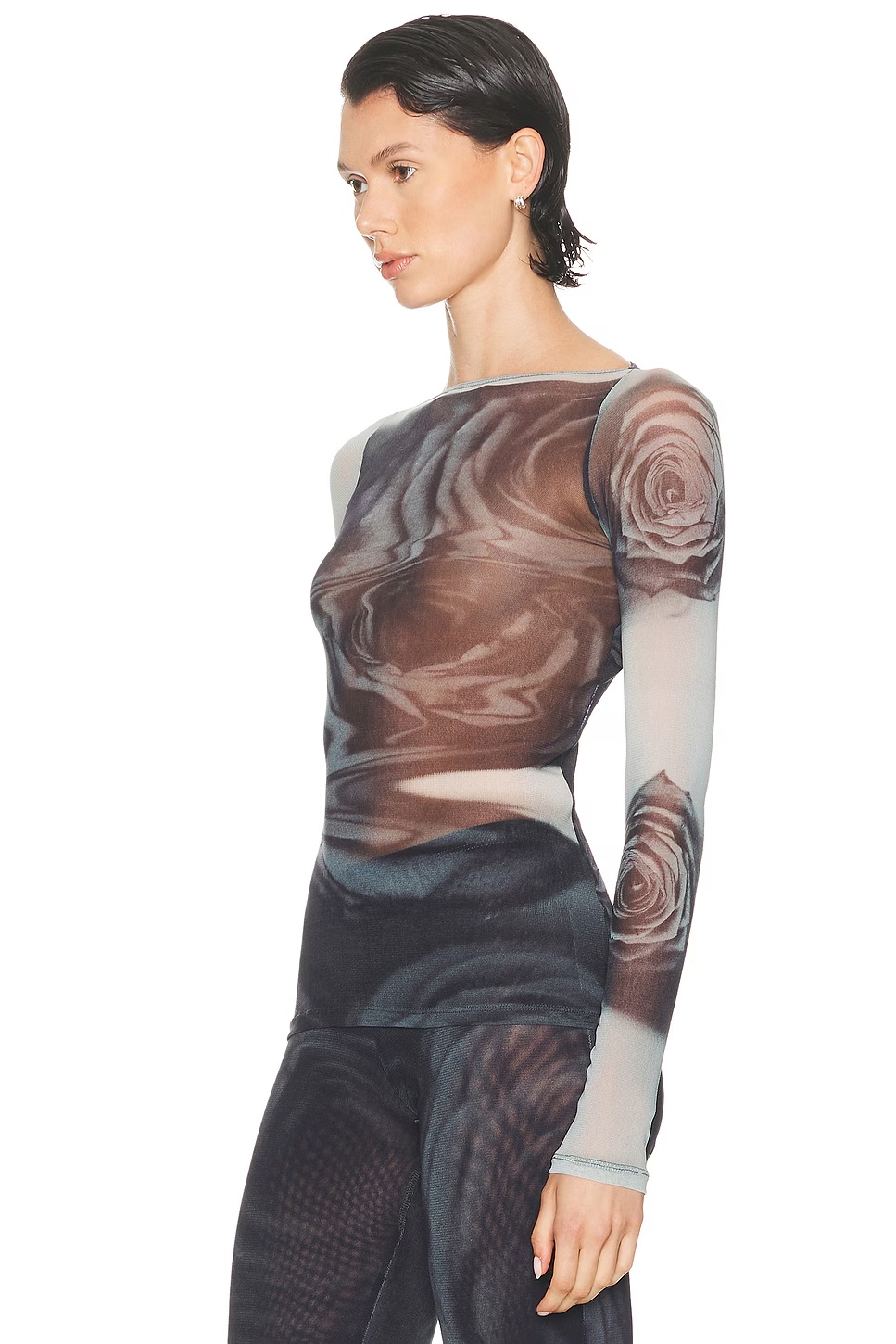 Boat Neck Blurry Roses Printed Long Sleeve Top White, Grey, & Black