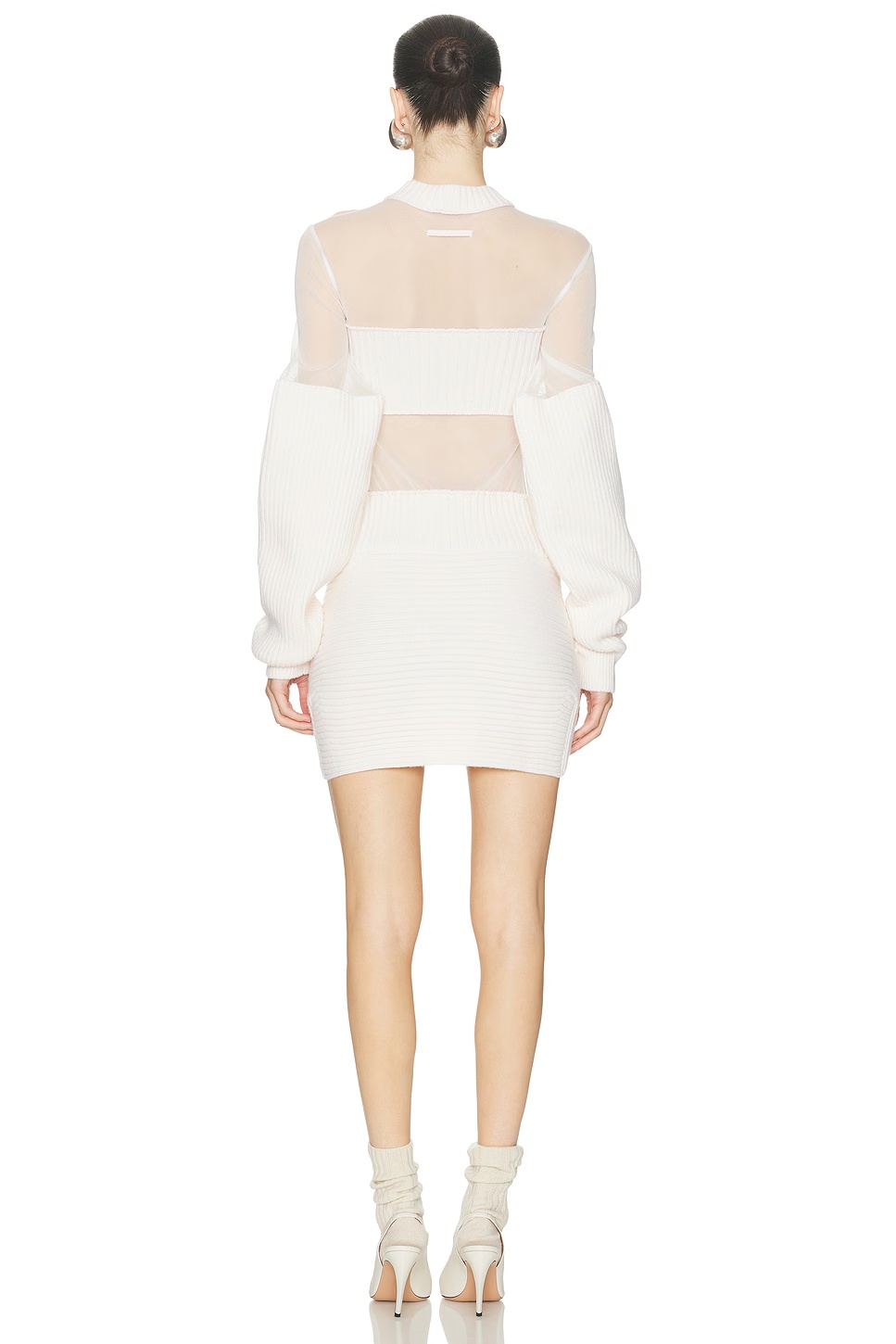 Ribbed Long Sleeve Mesh Dress Ecru