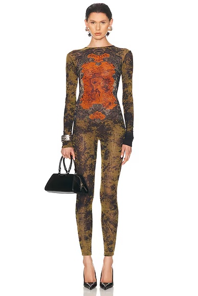 Médaillon Mesh Printed Catsuit Black, Khaki, & Orange