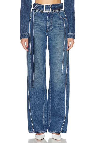 Zip Belt Selvege Detail Wide Leg Jeans Vintage Blue