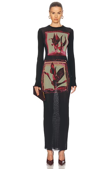 Flowers Cadres Long Dress Black, Pink, & Mint