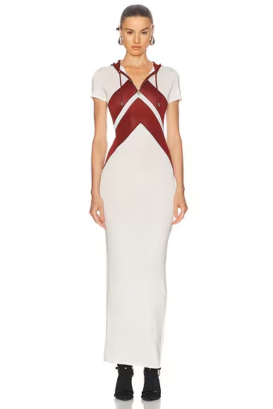 Inlaid Chevron Long Dress White & Burgundy