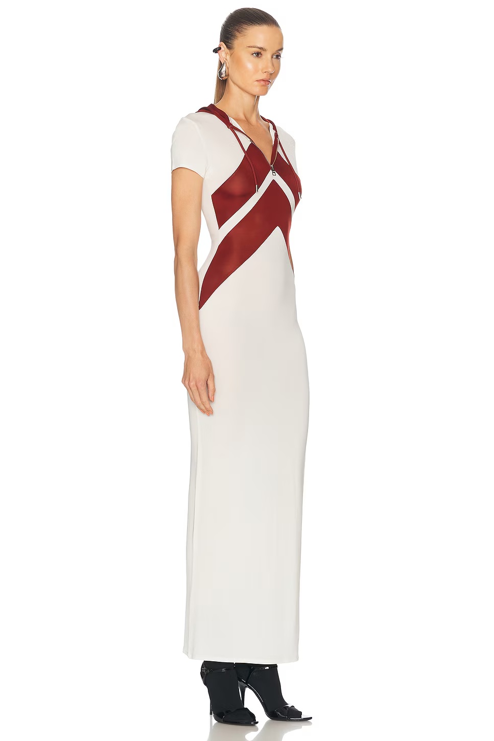 Inlaid Chevron Long Dress White & Burgundy