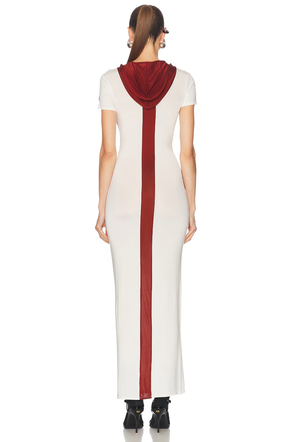 Inlaid Chevron Long Dress White & Burgundy