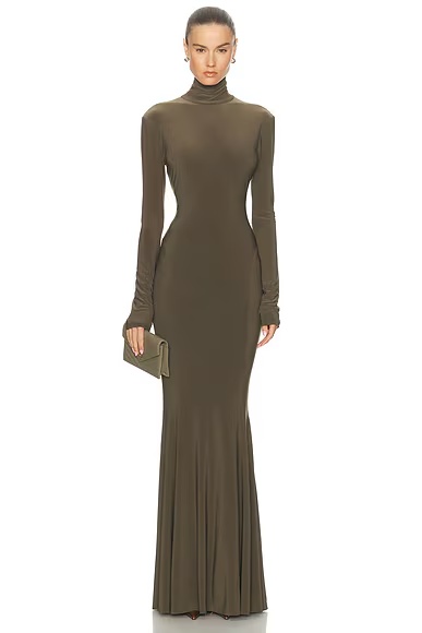 for FWRD Long Sleeve Turtleneck Fishtail Gown Bark