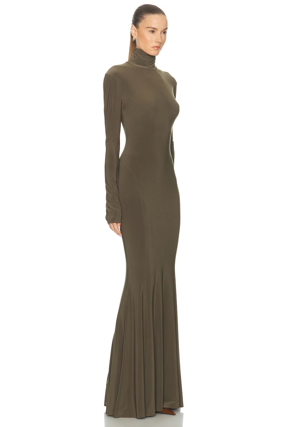 for FWRD Long Sleeve Turtleneck Fishtail Gown Bark
