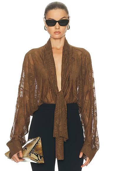 for FWRD Super Oversized Boyfriend Stretch Lace Bodysuit Bark Stretch Lace