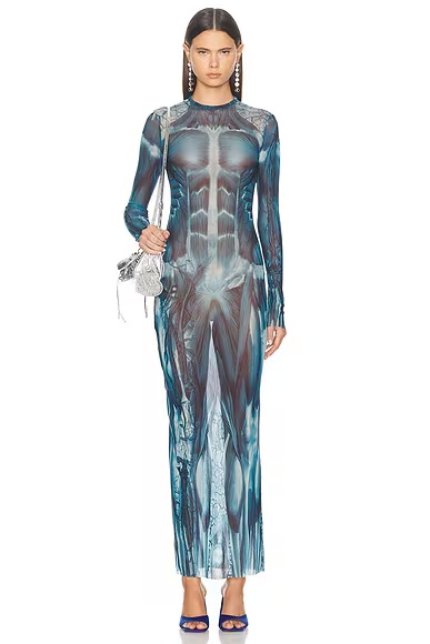 Ecorche Mesh Long Printed Dress Blue, Light Blue, & White