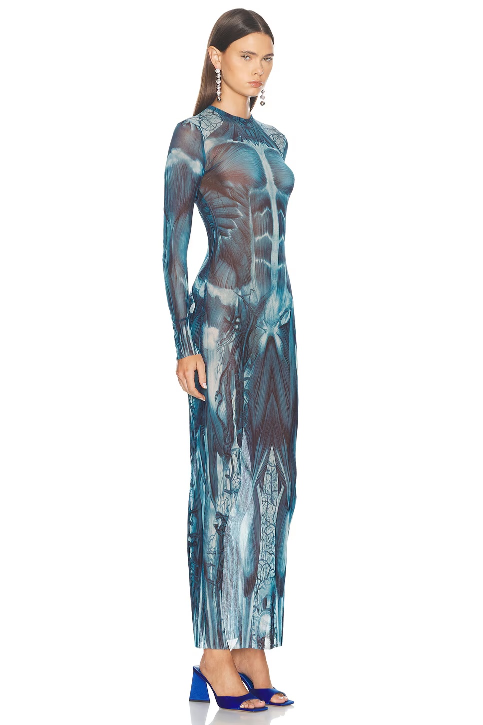 Ecorche Mesh Long Printed Dress Blue, Light Blue, & White