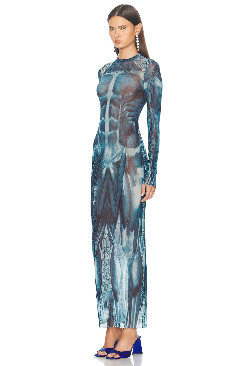 Ecorche Mesh Long Printed Dress Blue, Light Blue, & White
