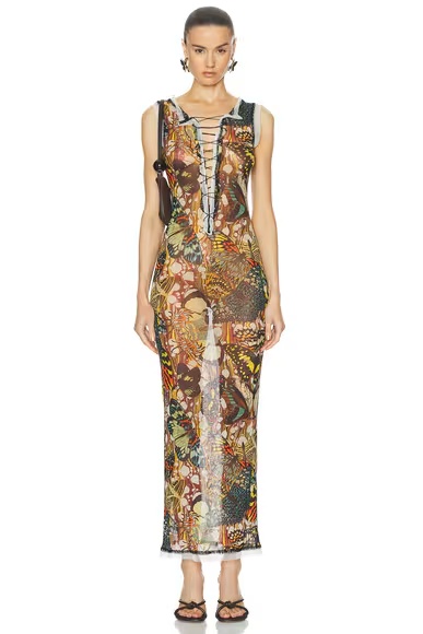 Papillon Mesh Lacing Detail Dress Yellow & Multicolor