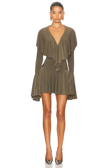 for FWRD Long Sleeve Deep V Ruffle Mini Dress Bark