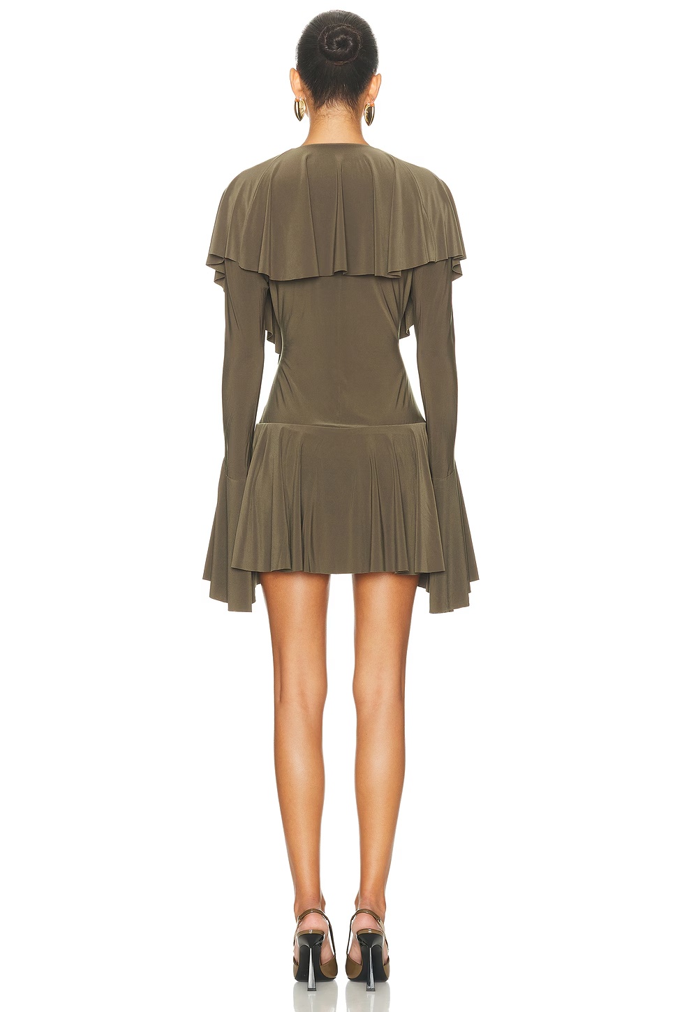 for FWRD Long Sleeve Deep V Ruffle Mini Dress Bark