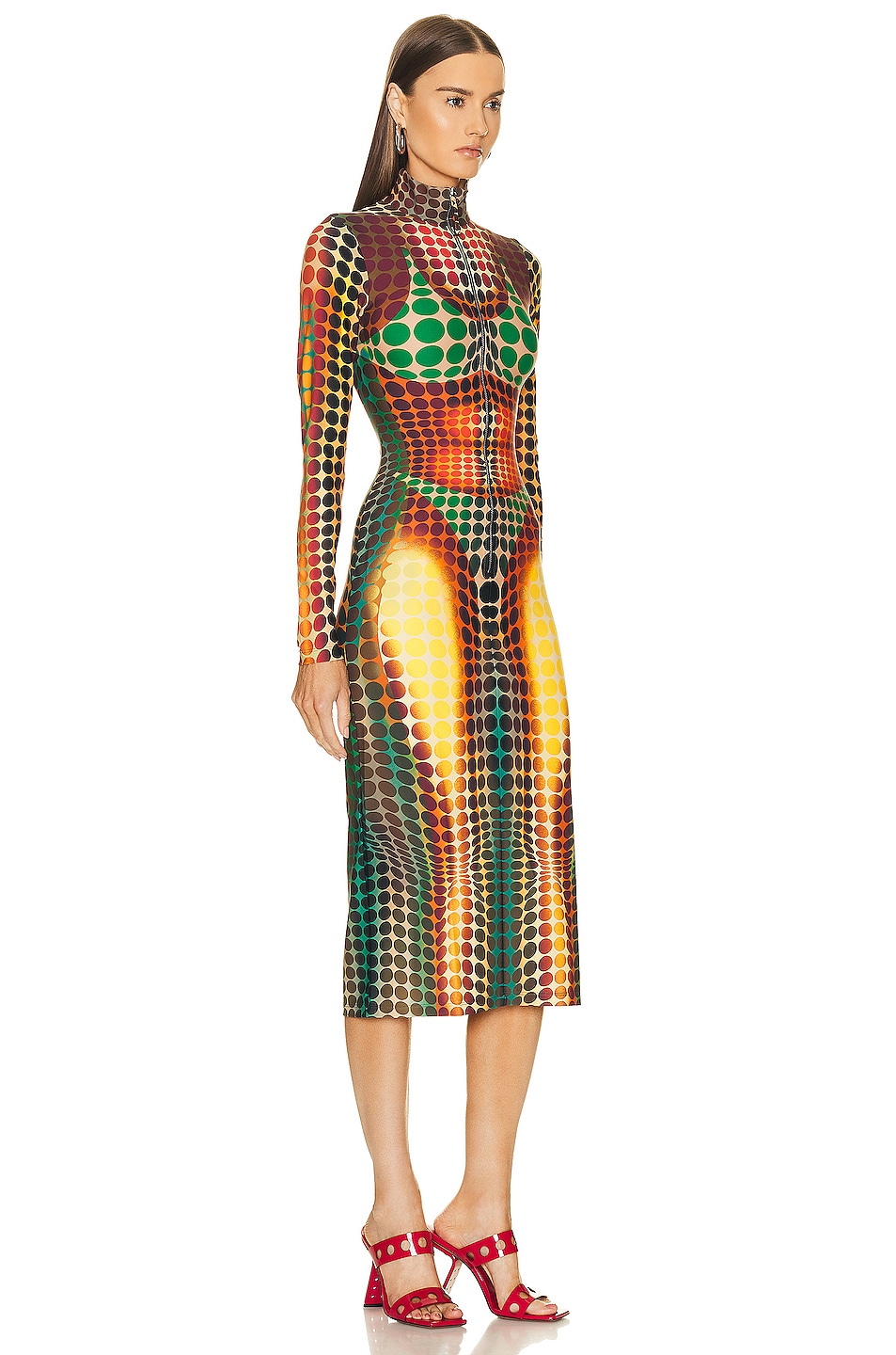 Center Front Zip Long Sleeve Dress Orange, Blue, & Brown
