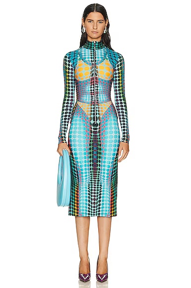 Center Front Zip Long Sleeve Dress Blue, Purple, & Yellow