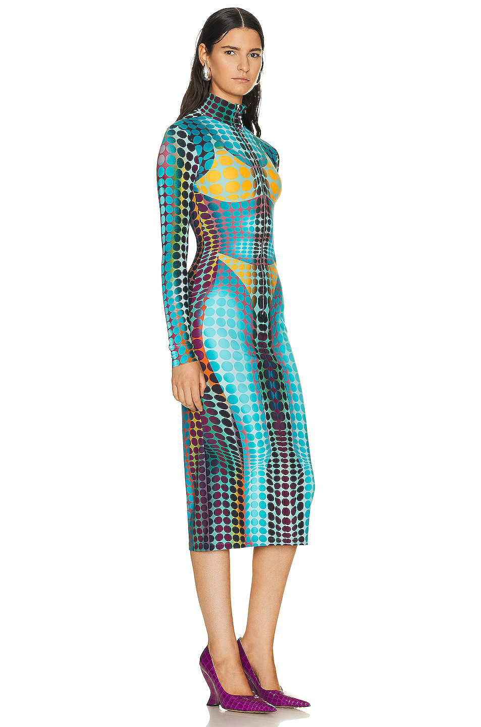 Center Front Zip Long Sleeve Dress Blue, Purple, & Yellow