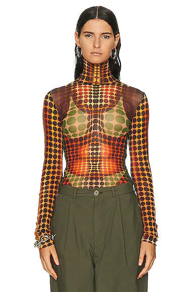 High Neck Long Sleeve Top Orange, Blue, & Brown