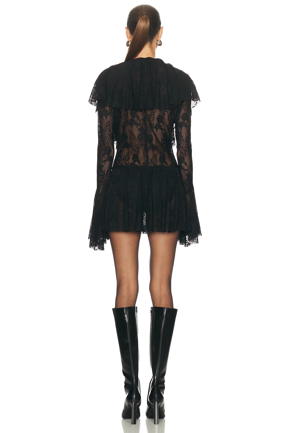 for FWRD For Fwrd Long Sleeve Deep V Ruffle Mini Dress Black Lace