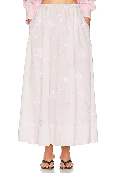 Midday Skirt in Cherry Blossom Embroidery White & Pink Embroidery