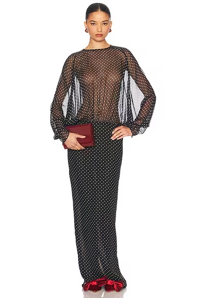 The Sabrina Dress in Printed Silk Chiffon Black & Ivory Dot