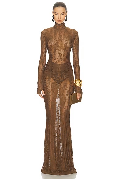 for FWRD Long Sleeve Turtleneck Fishtail Gown Bark