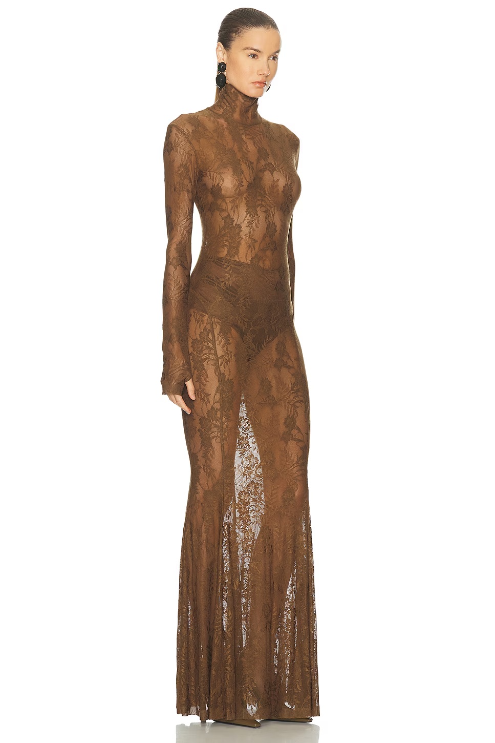 for FWRD Long Sleeve Turtleneck Fishtail Gown Bark