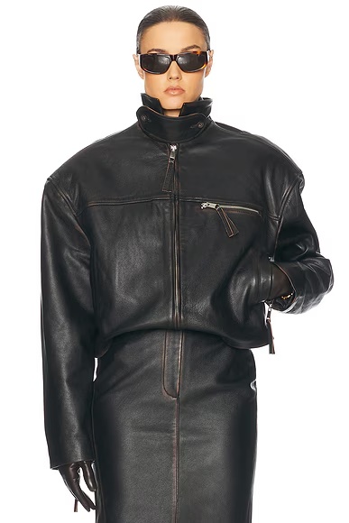 The Leather Oversized Moto Jacket Black Distressed