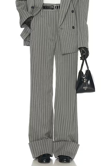 Pinstripe High Waist Cuffed Pants Grey & White Stripe