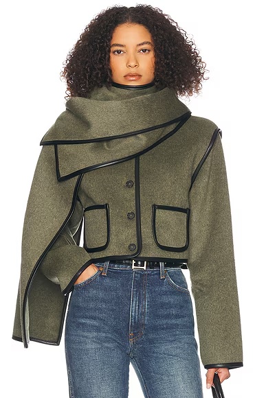 Boxy Jacket With Detachable Scarf Olive Melange