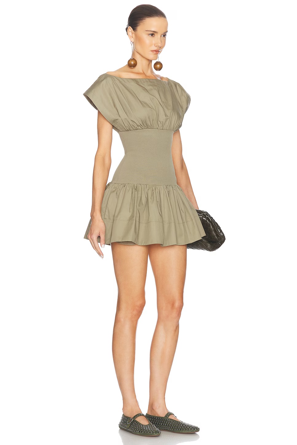 Rib Mix Shirting Mini Dress Olive Green