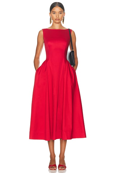 Stretch Cotton Sateen Midi Dress Red