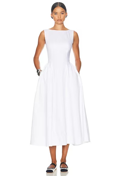 Stretch Cotton Sateen Midi Dress White