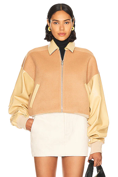 Faux Leather & Wool Blend Bomber Tan