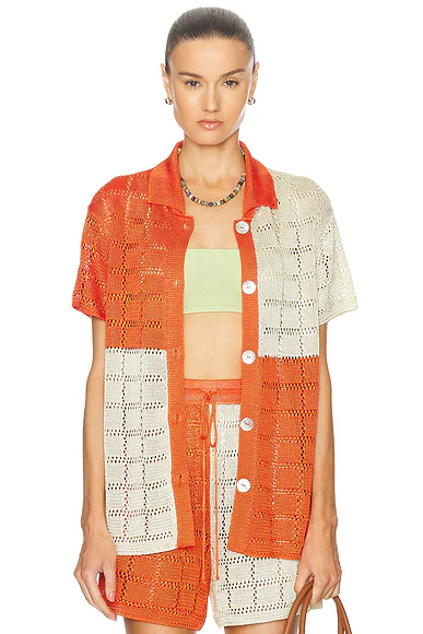 For Fwrd Two Tone Short Sleeve Patchwork Shirt Tomato & Jasmine