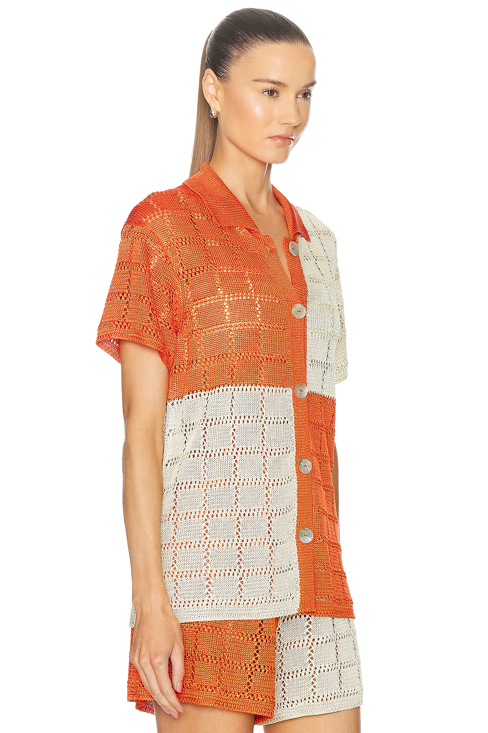 For Fwrd Two Tone Short Sleeve Patchwork Shirt Tomato & Jasmine