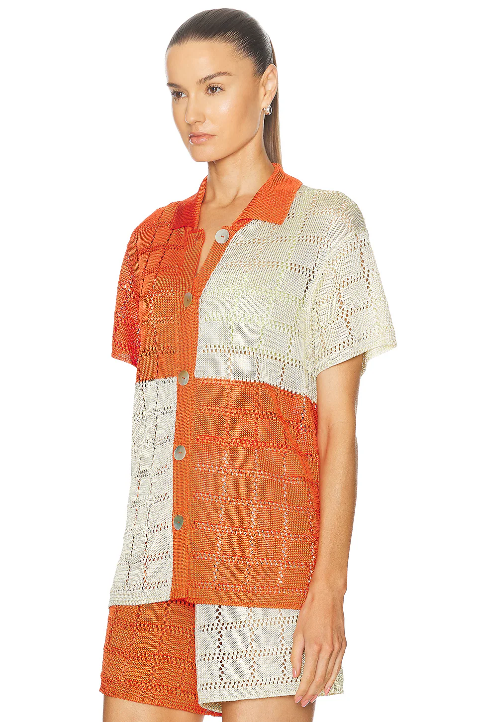 For Fwrd Two Tone Short Sleeve Patchwork Shirt Tomato & Jasmine