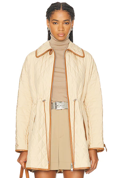 Saundra Lambskin-Trim Quilted Coat Light Tan