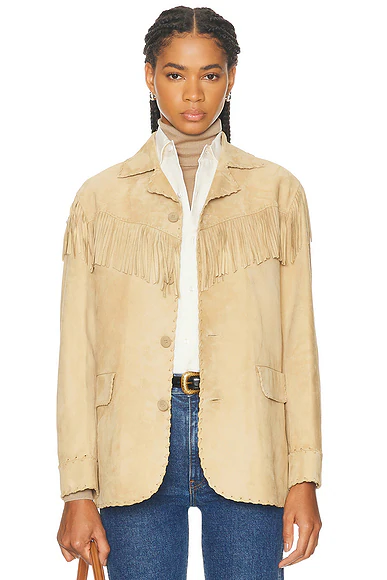 Ryland Fringe-Trim Lamb-Suede Jacket Tan