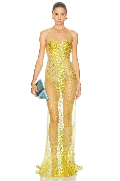 Sheer Sequin Gown Lime Multishades